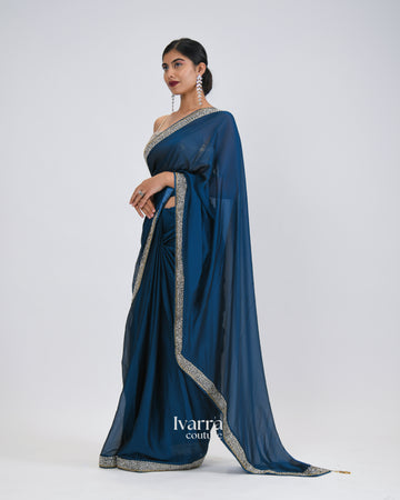 SIREN - Navy blue embellished saree in crepe