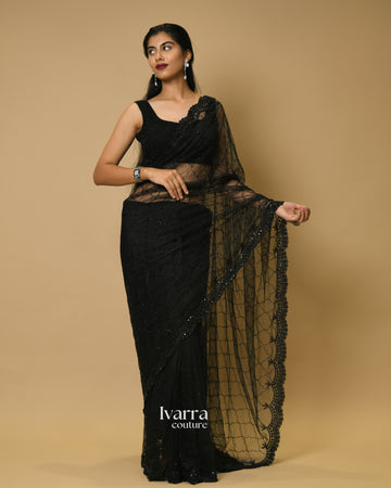 INDRA - Black tone to tone saree in butterfly net