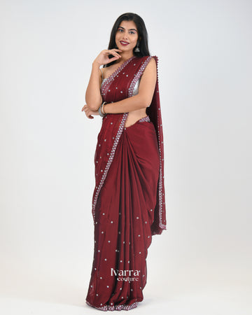 DURGA - Teracotta red embellished saree in crepe