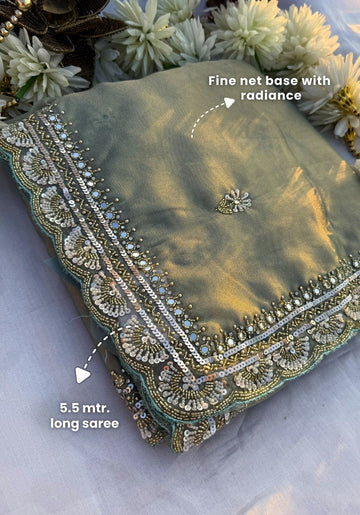 OLIVE - Metallic green designer saree with pearl work