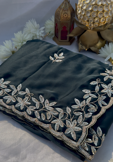 AURA - Teal blue satin designer saree embroidered with sequins
