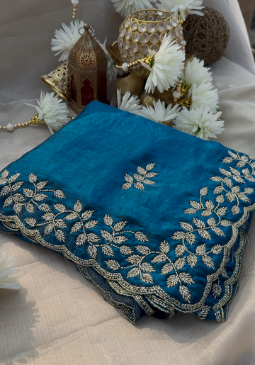 MERMAID - Peacock blue tora silk designer saree with cut beads embroidery