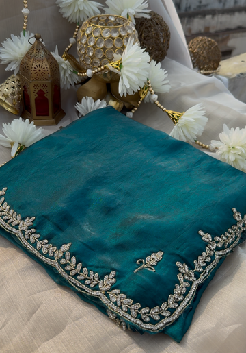 MERMAID - Teal blue tora silk designer saree with glass beads embroidery