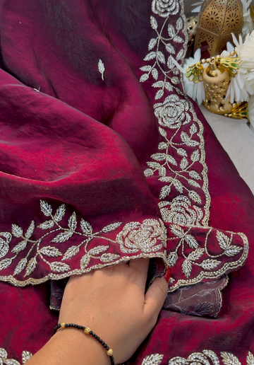 ROSALINA - Burnt maroon designer saree with glass zircon embellishment