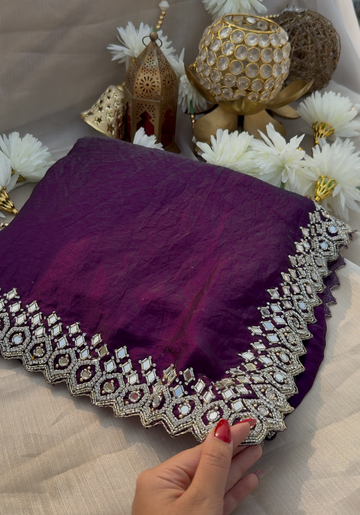 ZUBY - Eggplant hued tora silk designer saree with mirror work