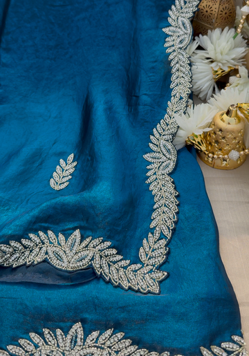 AQUA - Cobalt blue tora silk designer saree with glass beads embroidery