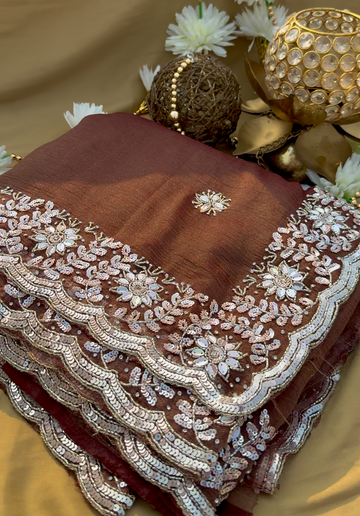 AMALA - Chocolate brown crushed organza designer saree with leafy embroidery