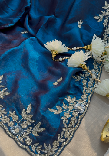 AMAYA - Midnight blue tora silk designer saree with glass beads embroidery