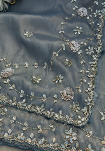 EUGINE - Cadet grey shimmer tissue designer saree with leafy embroidery