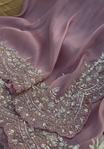 LOTUS - Blush pink shimmer tissue designer saree with sequin and pearl work
