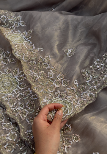 ELIZABETH - Grey gold shimmer tissue designer saree with sequin embroidery