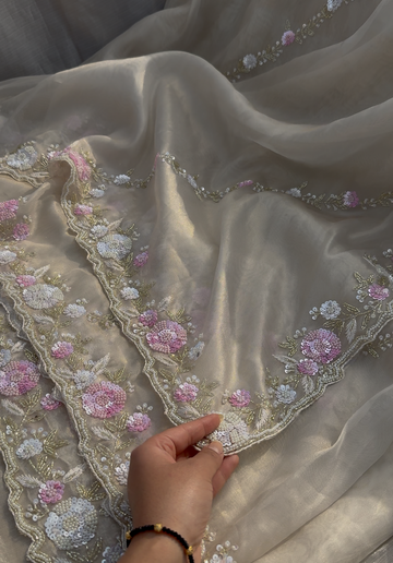 ASSYRIA - White gold shimmer tissue designer saree with pearl embroidery