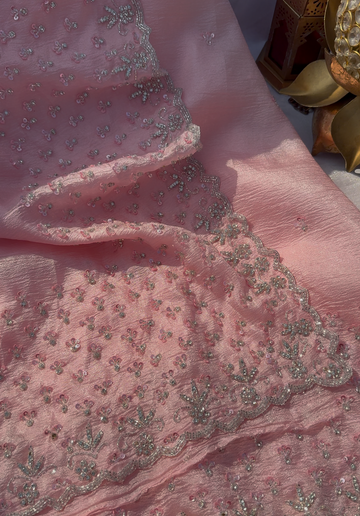 ALICE - Carnation pink crushed organza designer saree with sequins embellishment