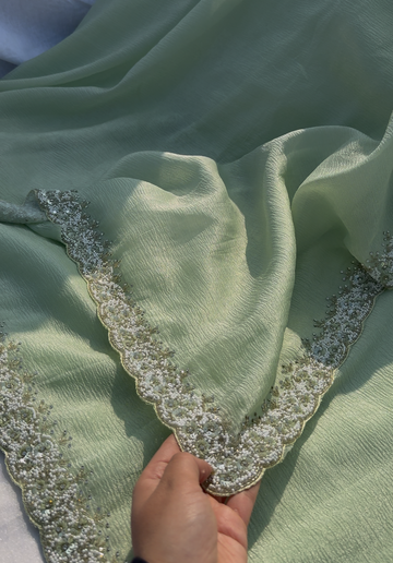 AMELIA - Pistachio green crushed organza designer saree with pearl embroidery