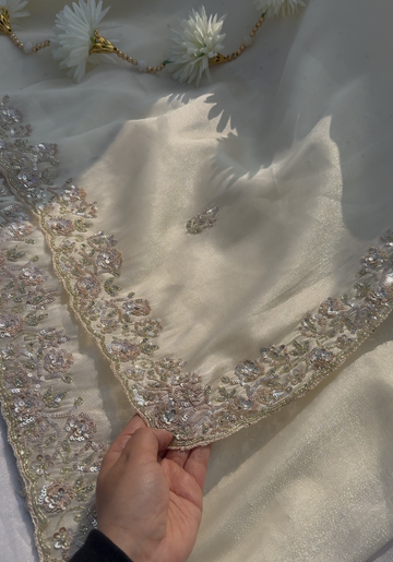 PEARL - White shimmer tissue designer saree with sequins embroidery