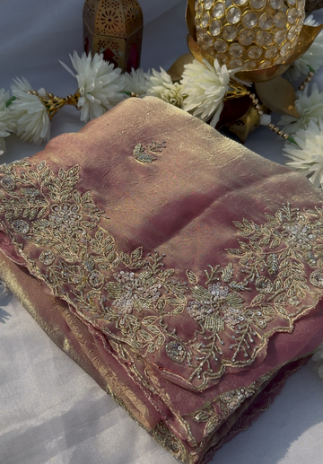 CHARLOTTE - Watermelon pink textured organza saree with zari work