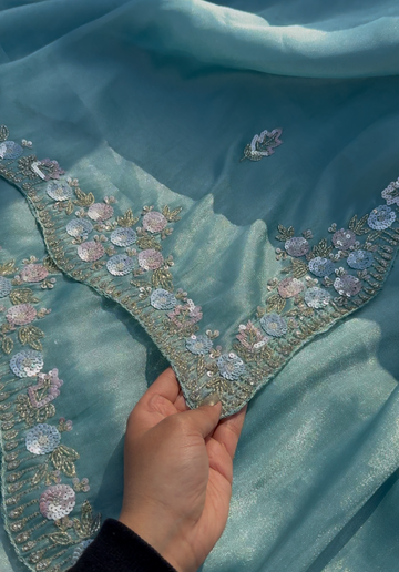 KELBY - Sky blue shimmer tissue designer saree with multi-color sequins work