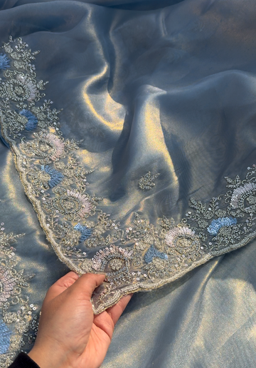 RIVER - Carolina blue shimmer tissue designer saree with sequins work