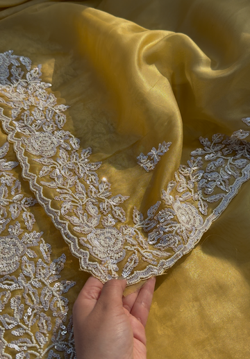 ATHENA - Light gold shimmer tissue designer saree with pearl embroidery