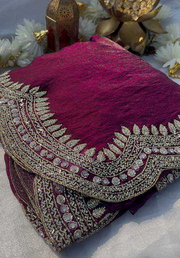 Victoria - Mulberry tora silk designer saree with necklace inspired embroidery