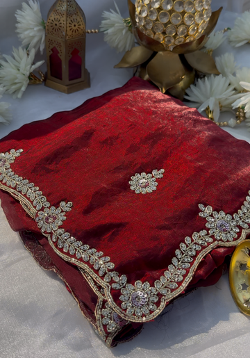 ADELE - Rust red tora silk designer saree with glass zircon embellishment