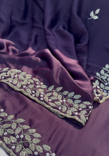 FOLKLORE - Eggplant hued satin designer saree with cut beads embroidery
