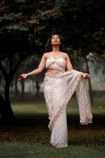 MYSTIC - Pearl White Zardozi Embroidery Saree in Organza