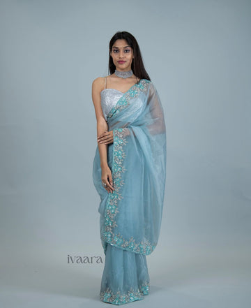 AURA - Baby blue floral saree in sheer soft organza