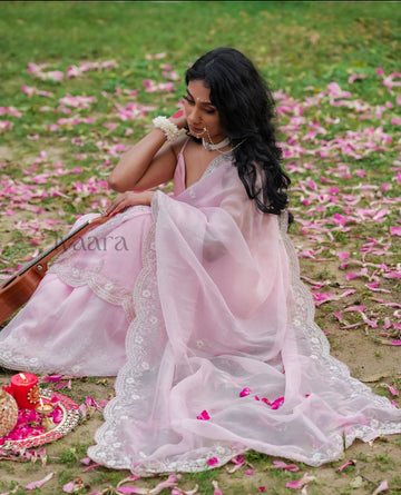 PARVATI - Baby pink pearl embellished saree in tulle net