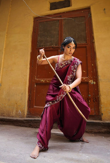 SHAKTI - Garnet red sequin saree in satin silk