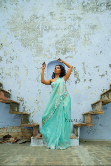 MERMAID - Ocean green saree in shimmer coating tulle net