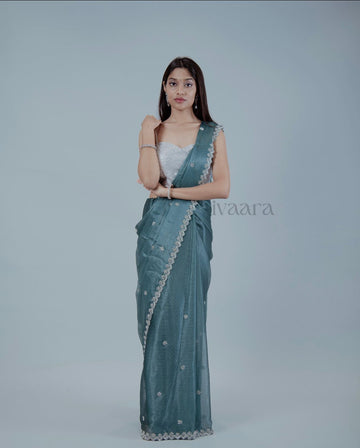 CORALIA - Green gray saree in textured organza