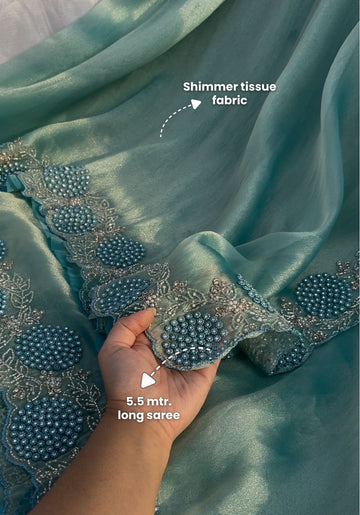 Oceanic Grace - Aqua mist designer saree with pearl work