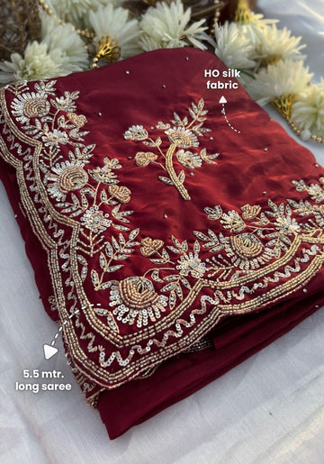 ETHERAL - Maroon HO silk designer saree with resham work
