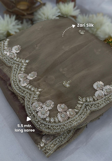 AURORA - Taupe gold zari silk designer saree with pearl work