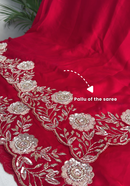 ROSE - Red satin designer saree with sequins work