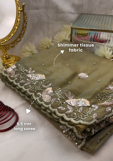 INDIRA - Olive green designer saree with sequins work