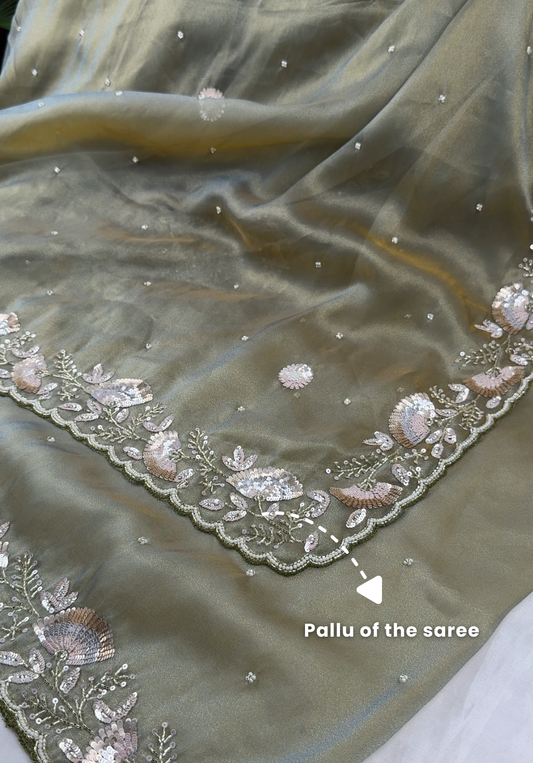 INDIRA - Olive green designer saree with sequins work