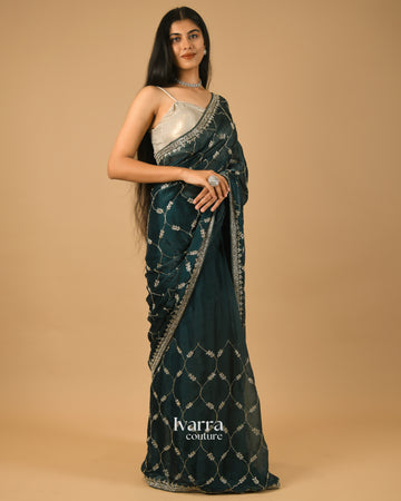 NAYANTHARA - Bottle green embellished saree in textured organza