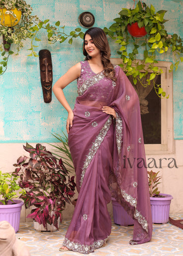 ZUBY - Raisin purple mirror work saree in organza