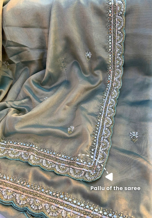 OLIVE - Metallic green designer saree with pearl work