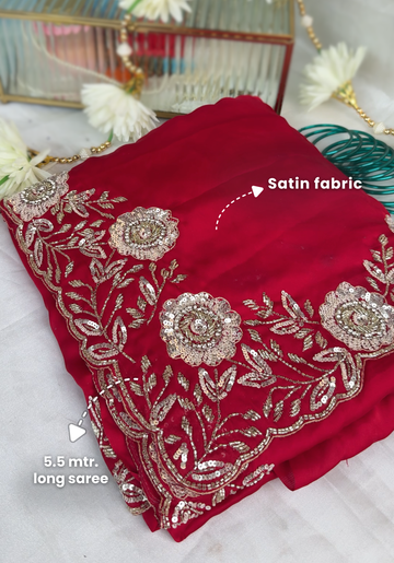 ROSE - Red satin designer saree with sequins work