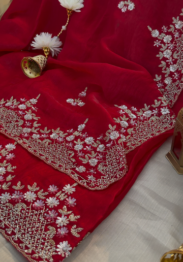 NEWLYWED - Scarlet red tora silk saree with sequins embroidery