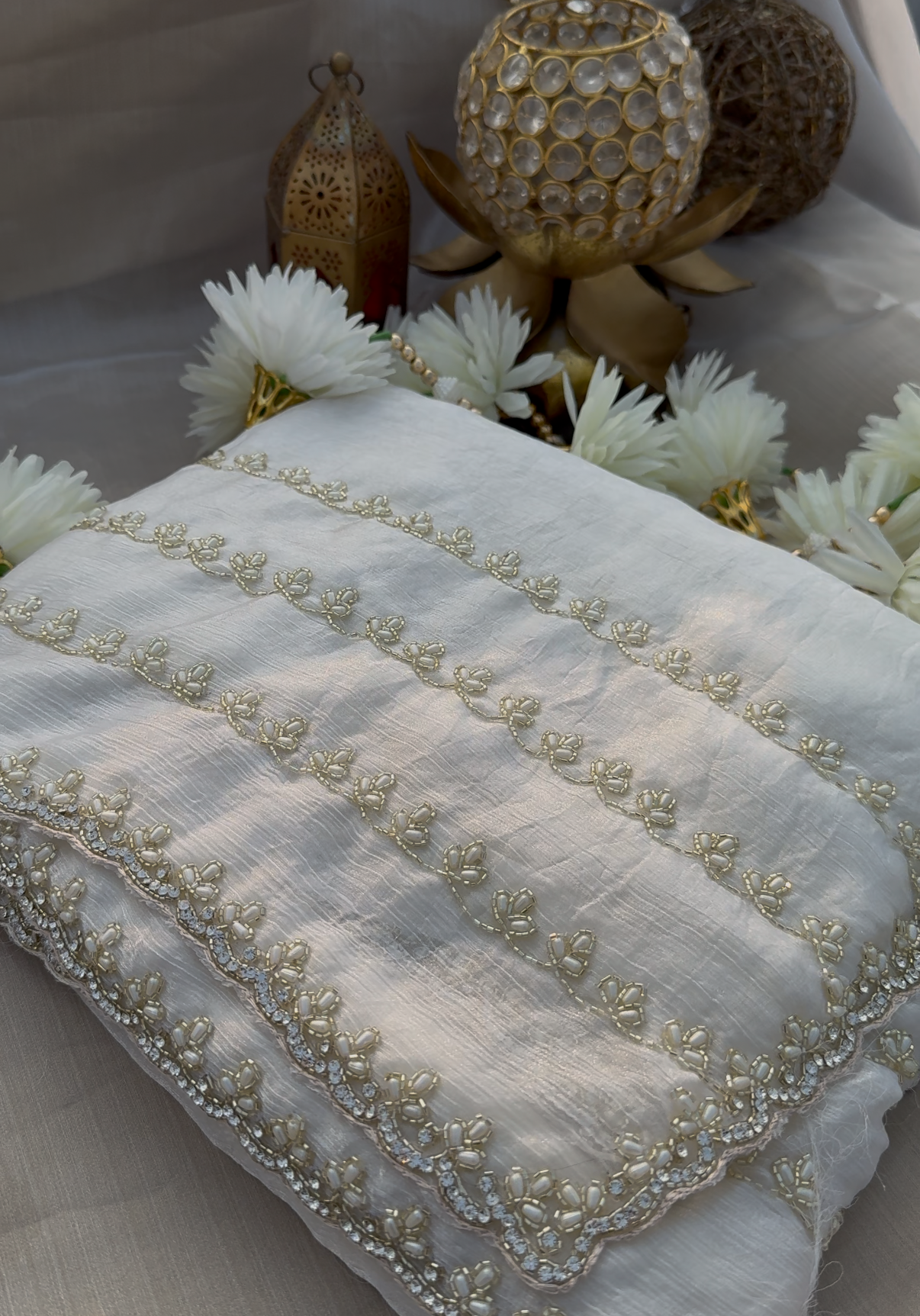 SNOWY - White chiffon designer saree with pearl embroidery