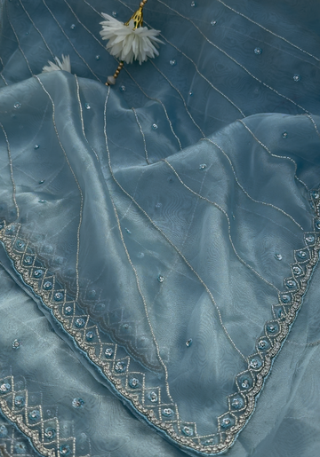 SIREN - Sky blue shimmery soft organza designer saree with pearl embroidery