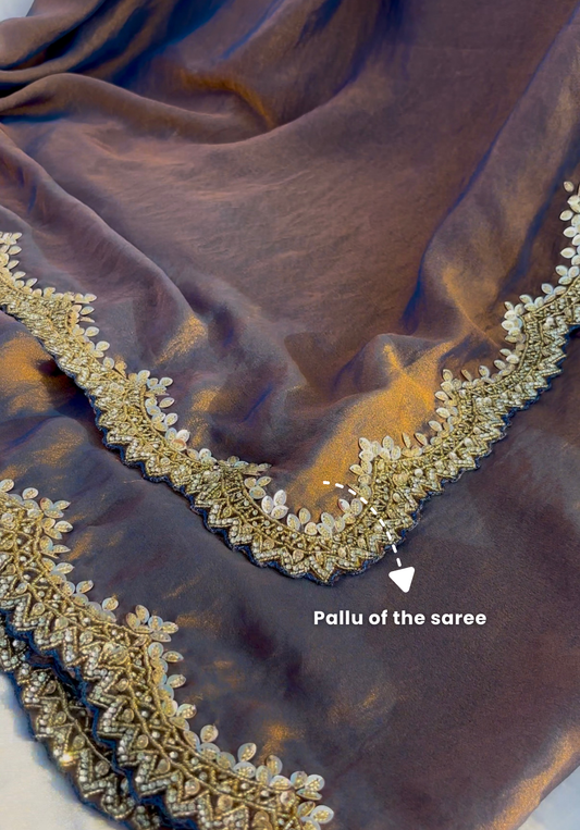 MOONLIT- Dual tone shimmer chiffon designer saree with zircon and sequins embroidery