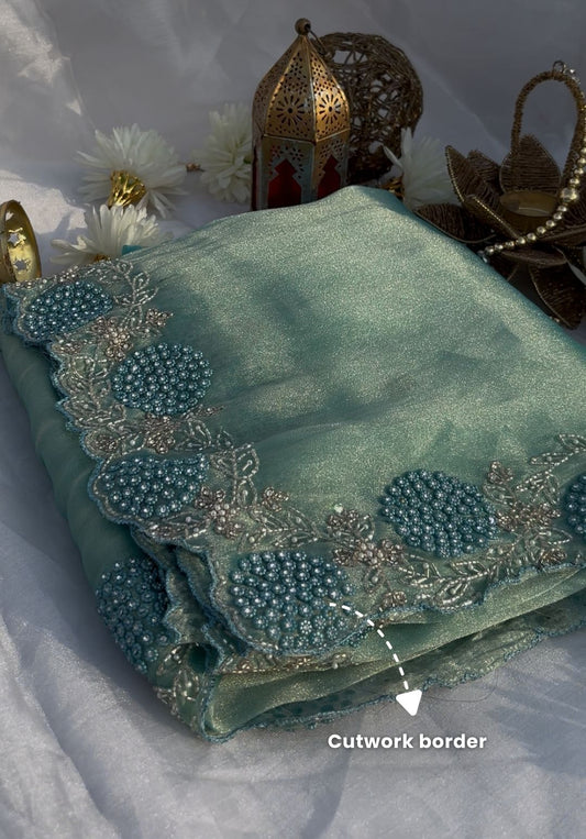 Oceanic Grace - Aqua mist designer saree with pearl work
