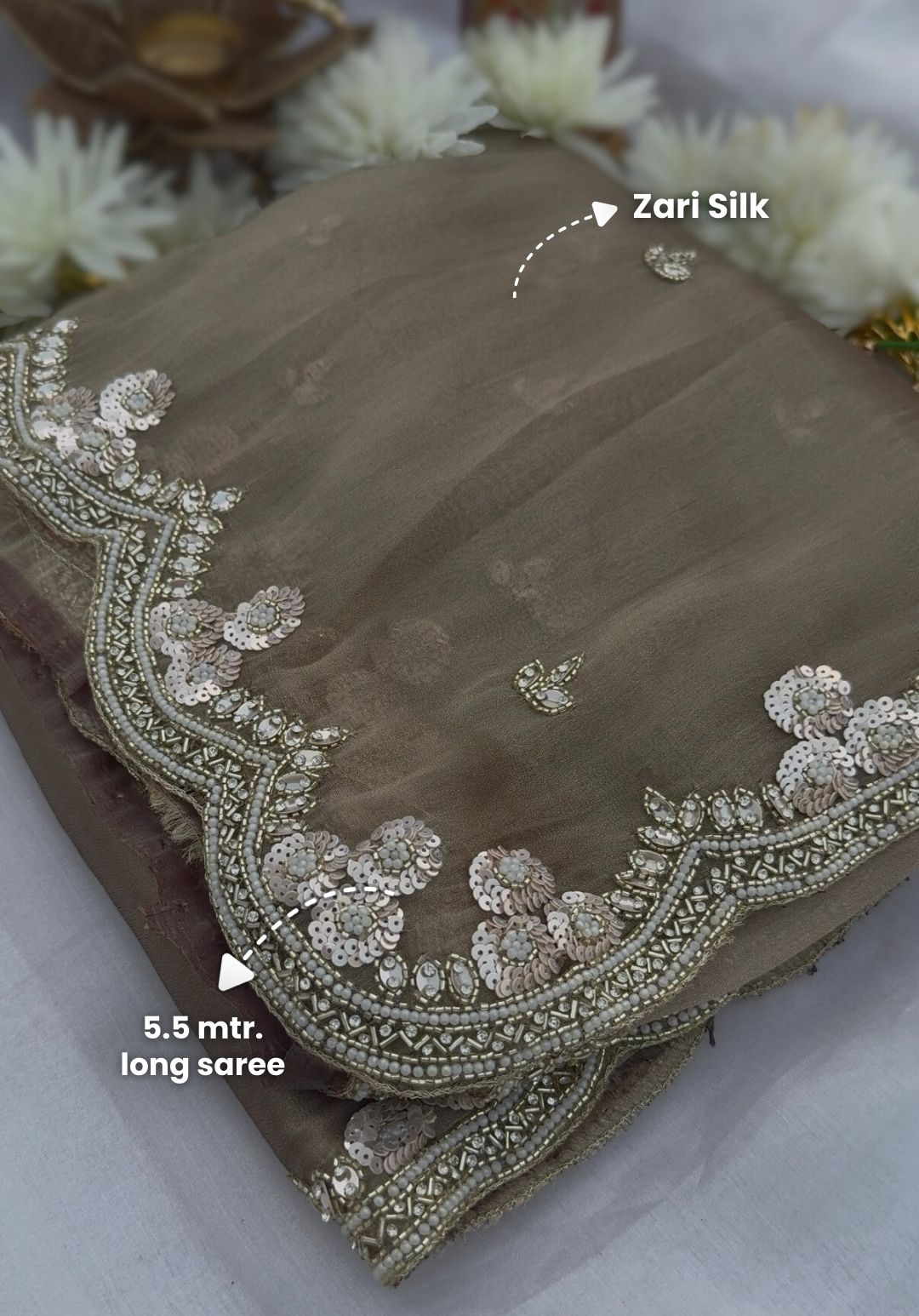 AURORA - Taupe gold zari silk designer saree with pearl work