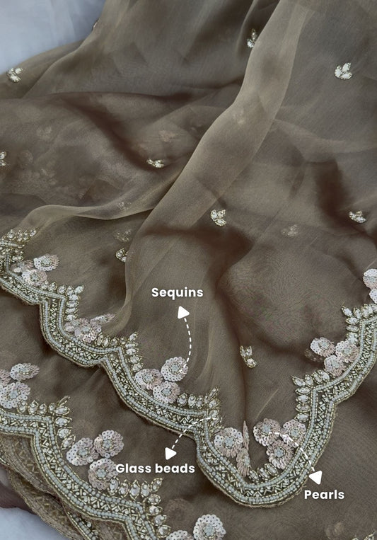 AURORA - Taupe gold zari silk designer saree with pearl work